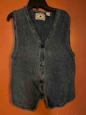 Denim-Style Knit Button-Down Vest - Blue